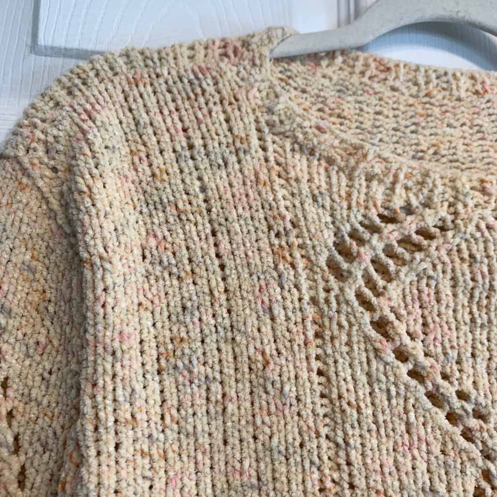 Cream Multi Speckled Diamond Pointelle Chunky Knit Chenille Sweater Pullover S - Picture 5 of 7